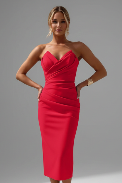 Silvia | Vestido midi de mujer sin tirantes con detalle fruncido