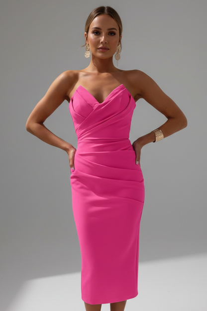 Silvia | Vestido midi de mujer sin tirantes con detalle fruncido