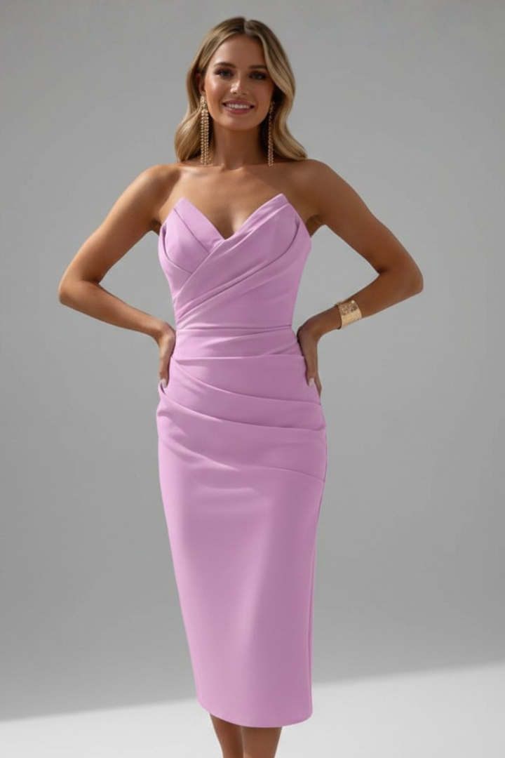 Silvia | Vestido midi de mujer sin tirantes con detalle fruncido