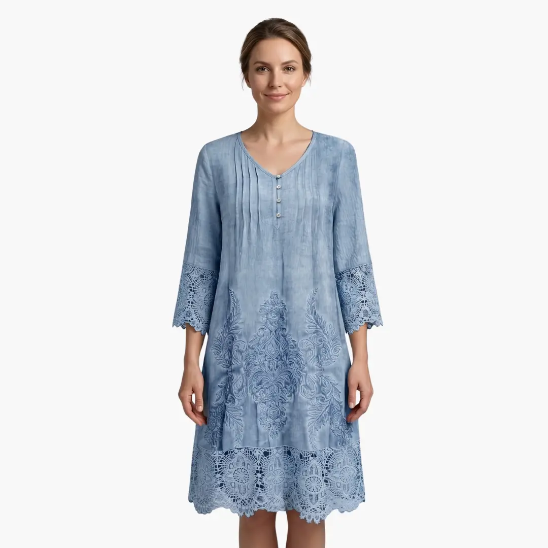 Emilia | Robe midi pour femme avec broderie et manches courtes