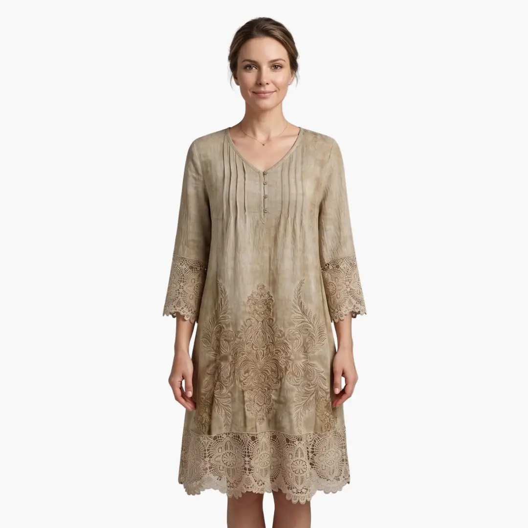 Emilia | Robe midi pour femme avec broderie et manches courtes