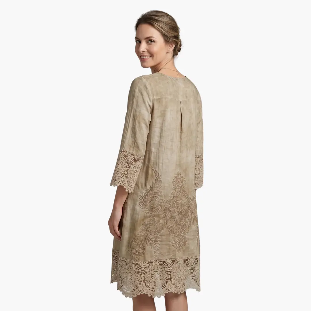 Emilia | Robe midi pour femme avec broderie et manches courtes