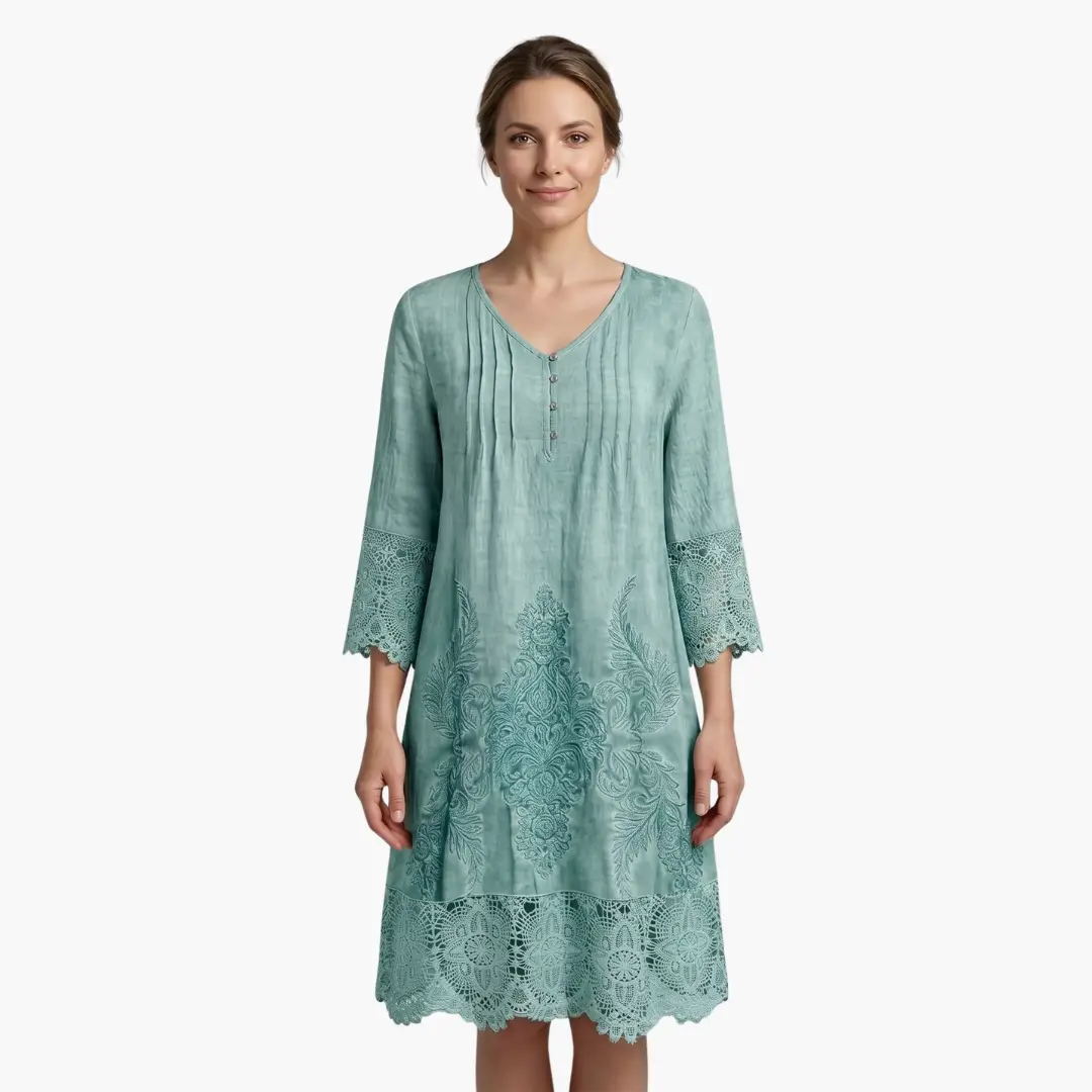 Emilia | Robe midi pour femme avec broderie et manches courtes