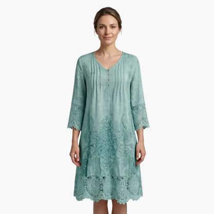 Emilia | Robe midi pour femme avec broderie et manches courtes