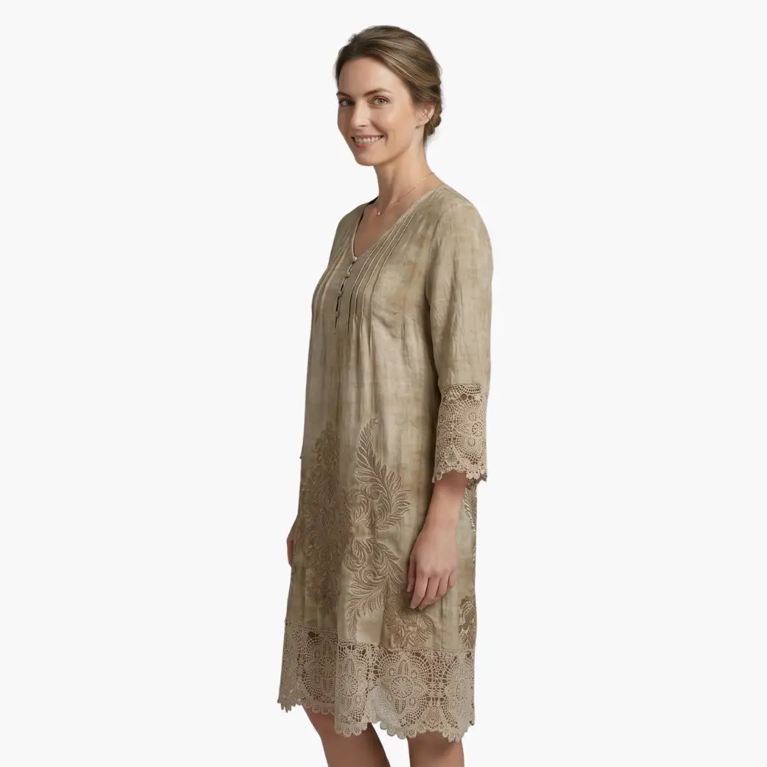 Emilia | Robe midi pour femme avec broderie et manches courtes