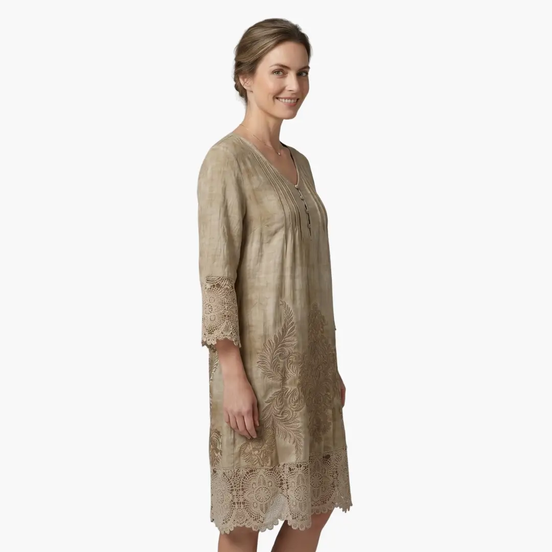 Emilia | Robe midi pour femme avec broderie et manches courtes