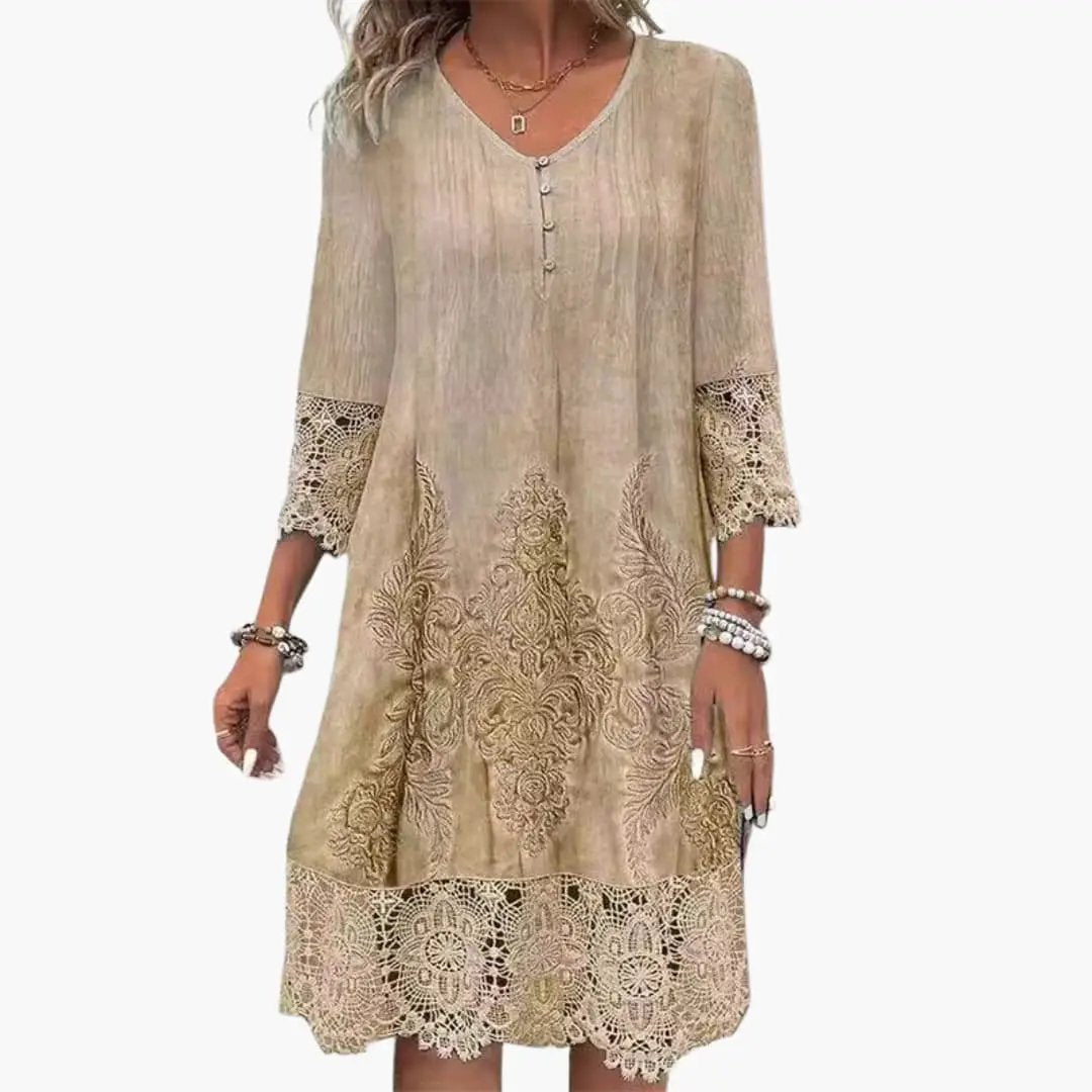 Emilia | Robe midi pour femme avec broderie et manches courtes