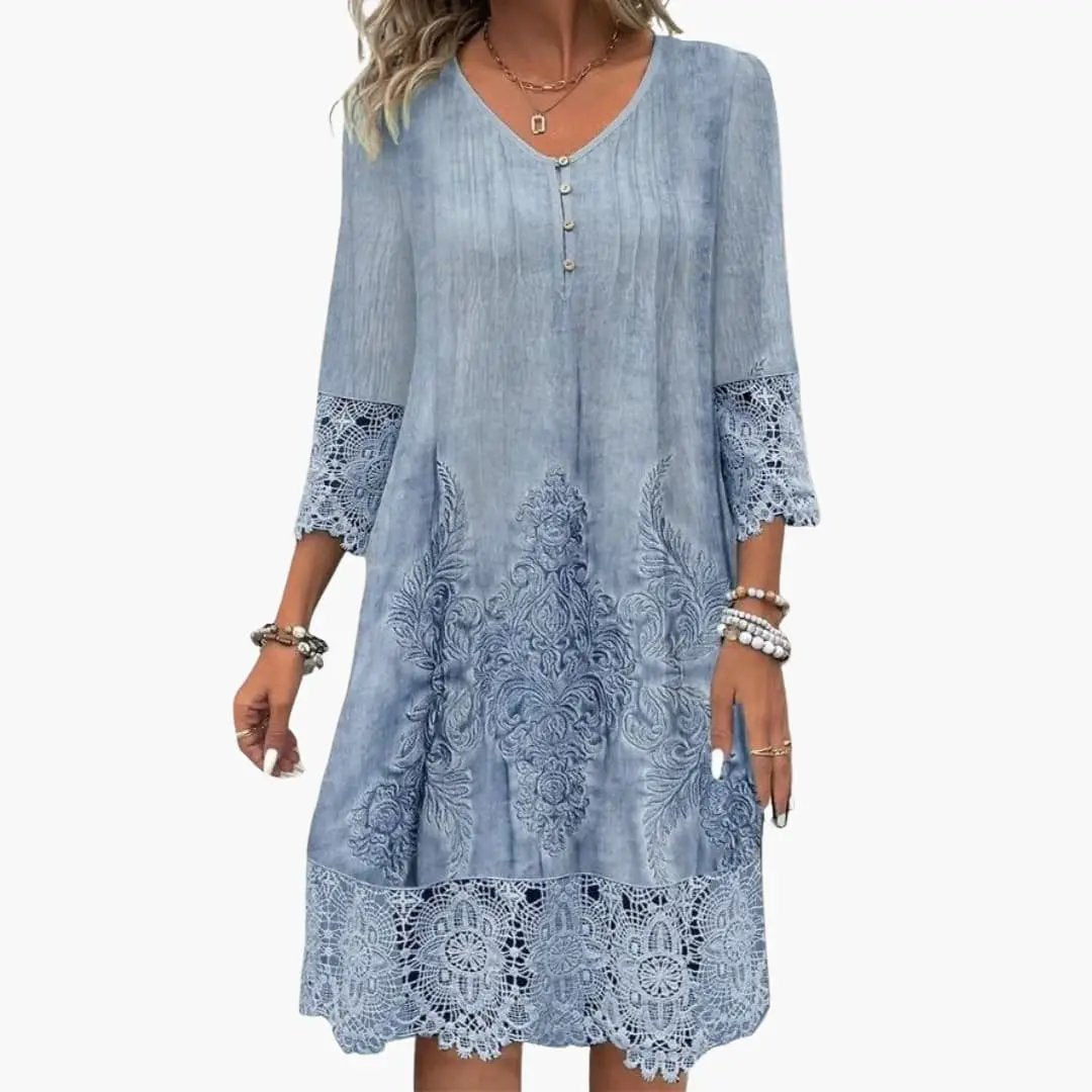 Emilia | Robe midi pour femme avec broderie et manches courtes