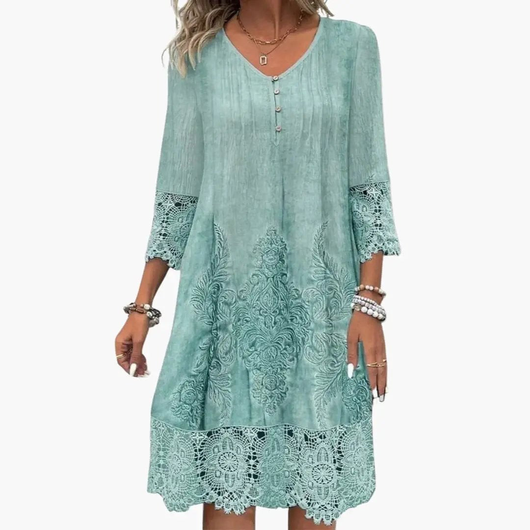 Emilia | Robe midi pour femme avec broderie et manches courtes