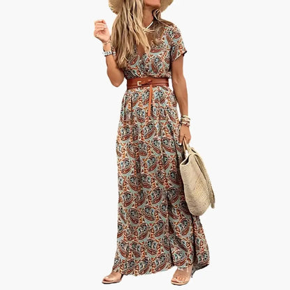 Rosa | Robe maxi pour femme avec manches courtes et taille froncée