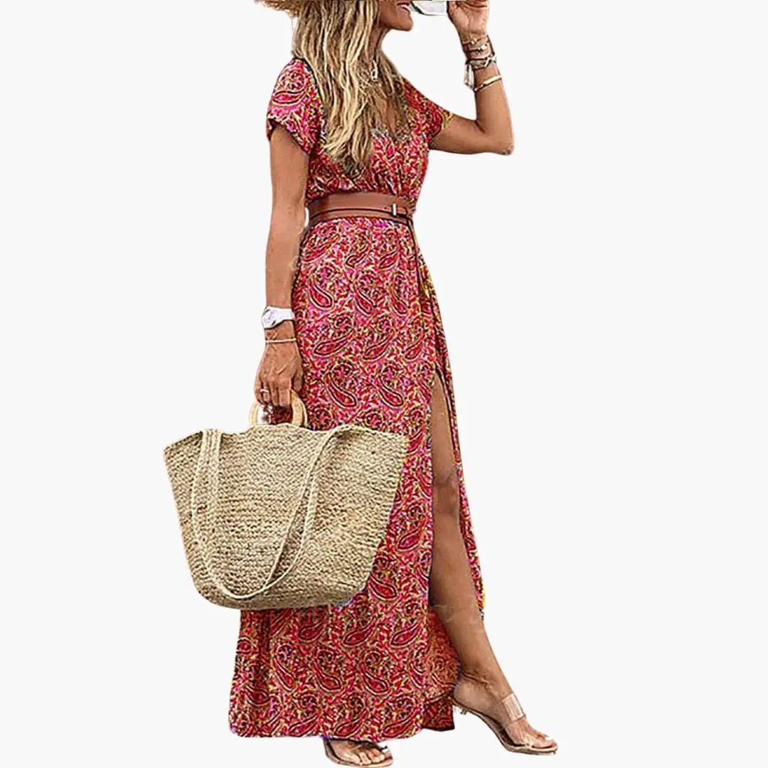 Rosa | Robe maxi pour femme avec manches courtes et taille froncée