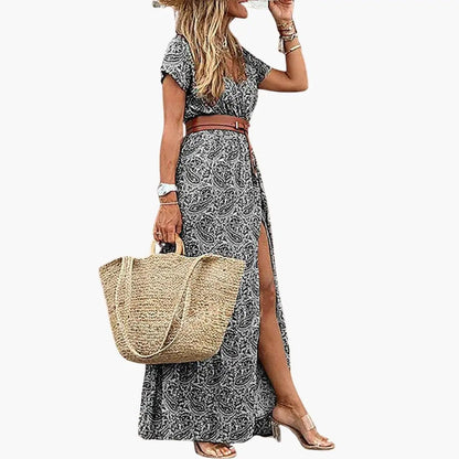 Rosa | Robe maxi pour femme avec manches courtes et taille froncée