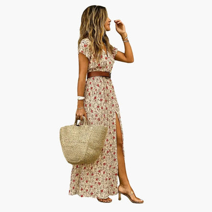 Rosa | Robe maxi pour femme avec manches courtes et taille froncée