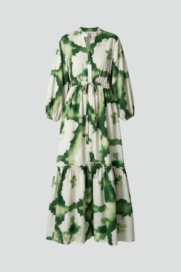 Lara | Langes Damenkleid mit langen Ärmeln, Muster und V-Ausschnitt