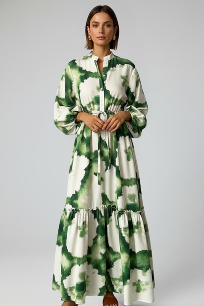 Lara | Langes Damenkleid mit langen Ärmeln, Muster und V-Ausschnitt