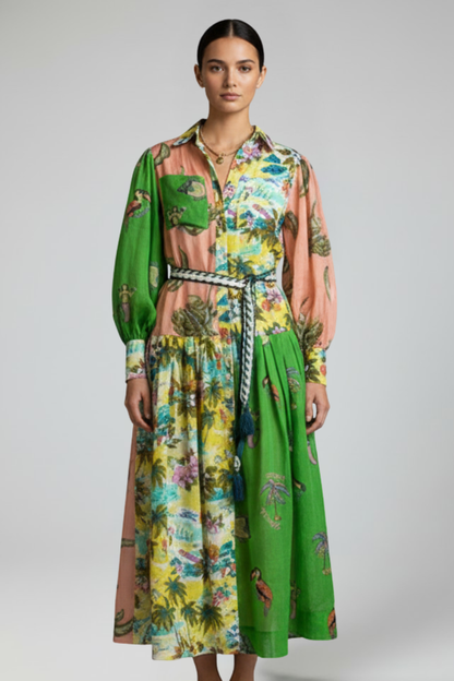 Lara | Langes Damenkleid mit langen Ärmeln, Muster und V-Ausschnitt