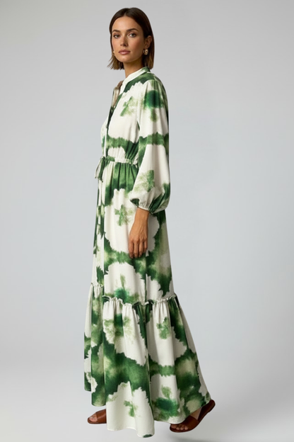 Lara | Langes Damenkleid mit langen Ärmeln, Muster und V-Ausschnitt