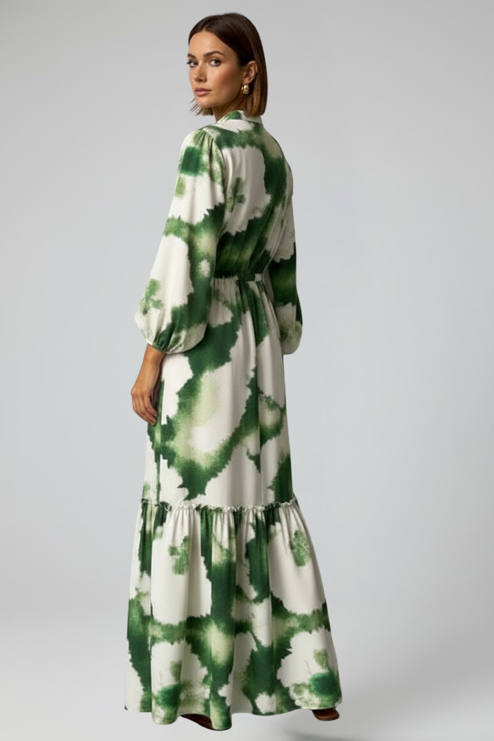 Lara | Langes Damenkleid mit langen Ärmeln, Muster und V-Ausschnitt