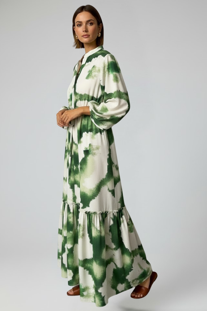 Lara | Langes Damenkleid mit langen Ärmeln, Muster und V-Ausschnitt