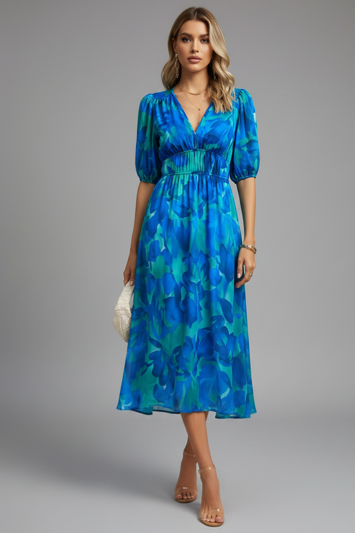Mónica | Midikleid für Damen mit Blumenmuster und V-Ausschnitt