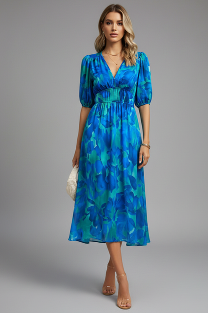 Mónica | Midikleid für Damen mit Blumenmuster und V-Ausschnitt