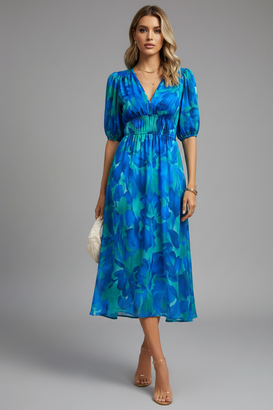 Mónica | Vestido midi de mujer con estampado floral y escote en V