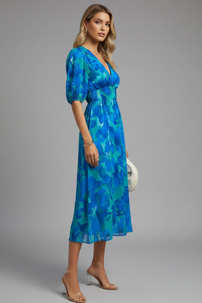 Mónica | Midikleid für Damen mit Blumenmuster und V-Ausschnitt