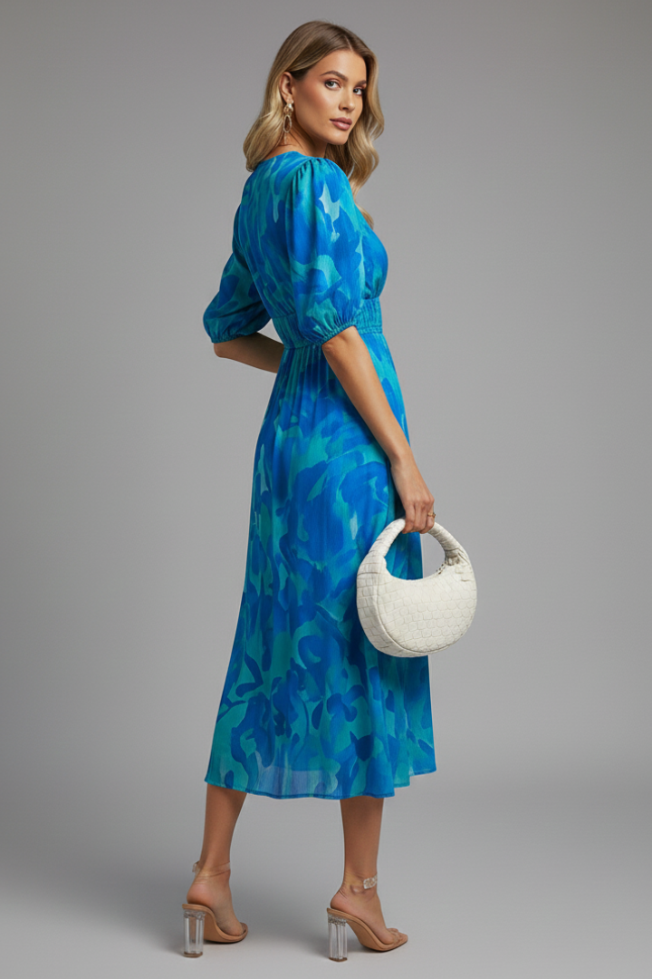 Mónica | Midikleid für Damen mit Blumenmuster und V-Ausschnitt