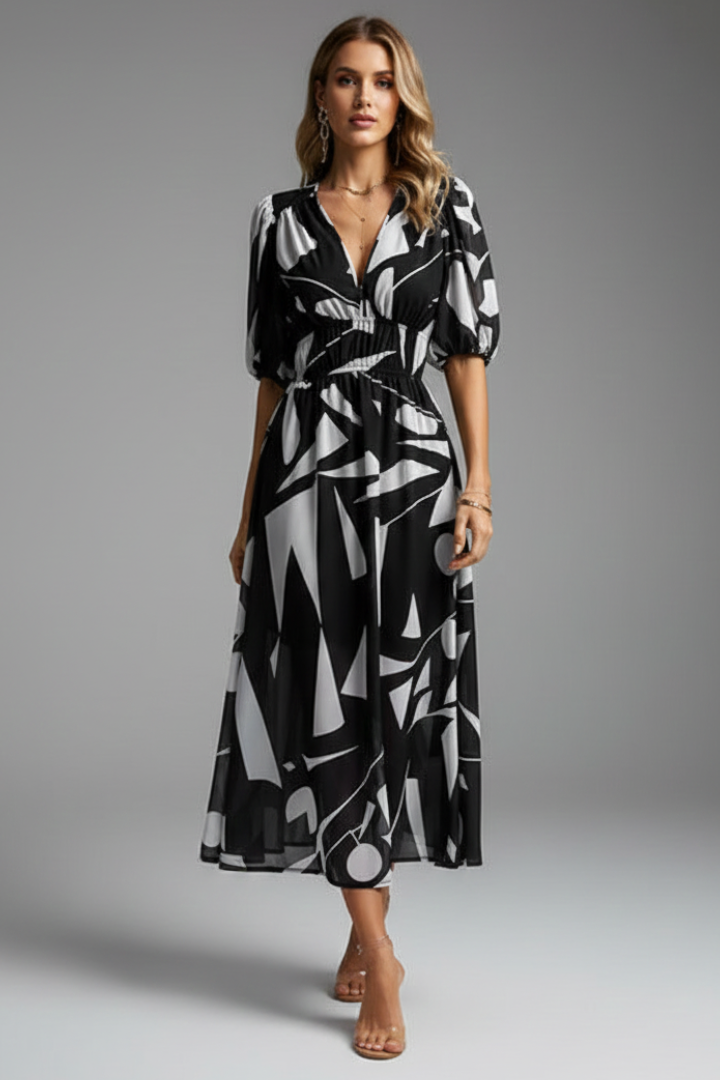 Mónica | Midikleid für Damen mit Blumenmuster und V-Ausschnitt