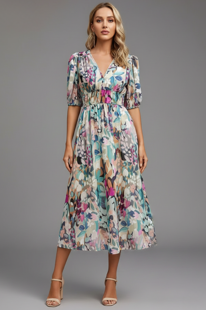 Mónica | Midikleid für Damen mit Blumenmuster und V-Ausschnitt
