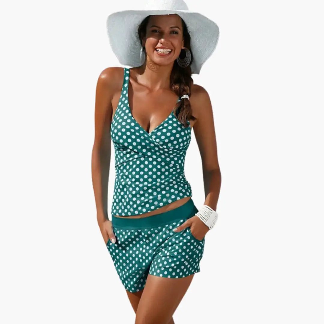 Patricia | Conjunto bikini para mujer con lunares y shorts de cintura alta