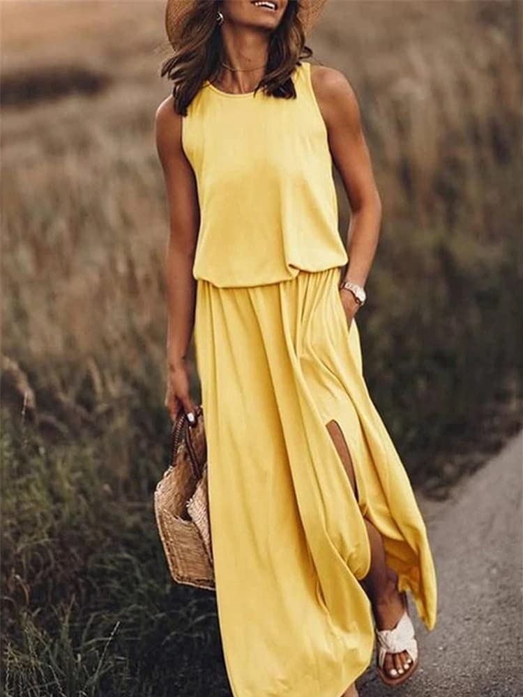 Kariela | Elegantes Damen-Maxikleid mit seitlichem Schlitz | Ärmellos