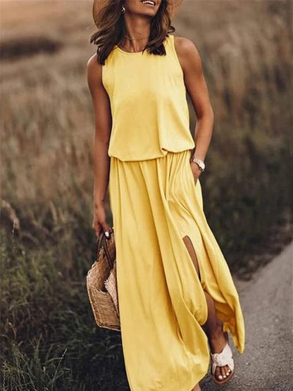 Kariela | Elegantes Damen-Maxikleid mit seitlichem Schlitz | Ärmellos