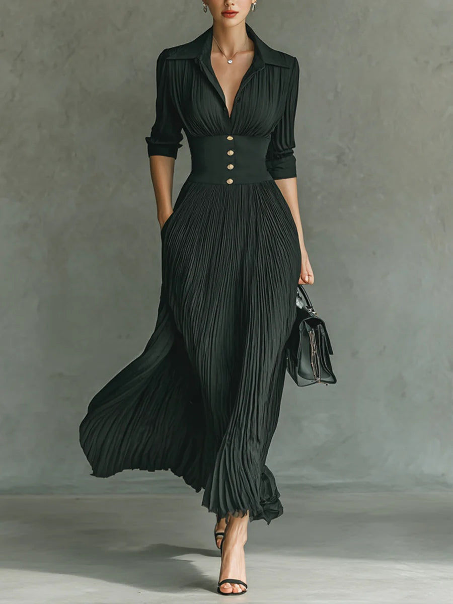Salomé | Langes Kleid mit tailliertem Bund und plissiertem Rock  