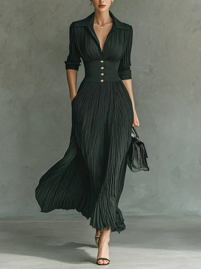 Salomé | Langes Kleid mit tailliertem Bund und plissiertem Rock  