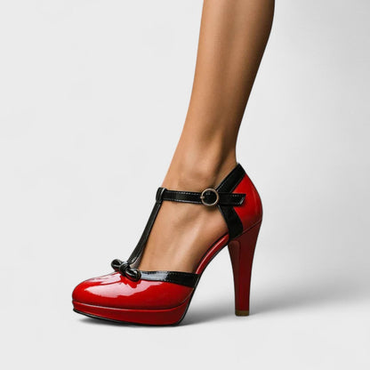 Amriel | Women's T-Strap Bow Comfortable High Heel Sandals | Stable