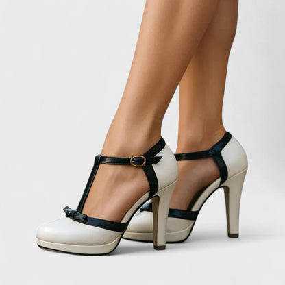 Amriel | Women's T-Strap Bow Comfortable High Heel Sandals | Stable