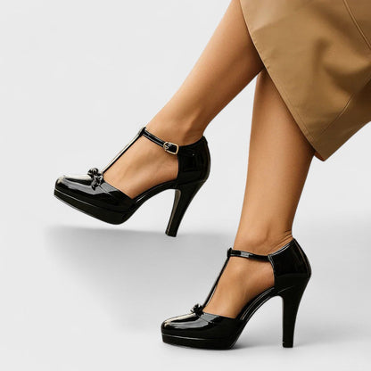 Amriel | Women's T-Strap Bow Comfortable High Heel Sandals | Stable