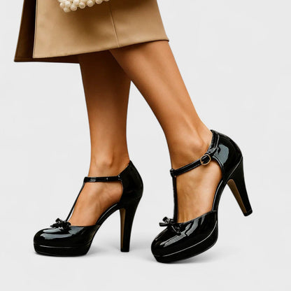 Amriel | Women's T-Strap Bow Comfortable High Heel Sandals | Stable