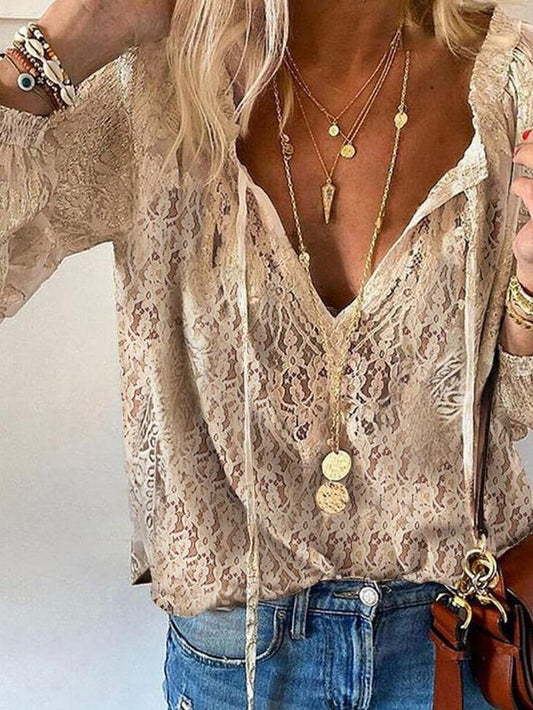 Serelia | Damenbluse mit Spitze und Boho-V-Ausschnitt  