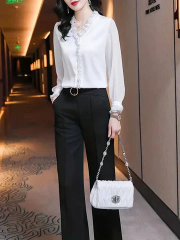Alba | Femme blouse élégante à manches longues et détails volantés