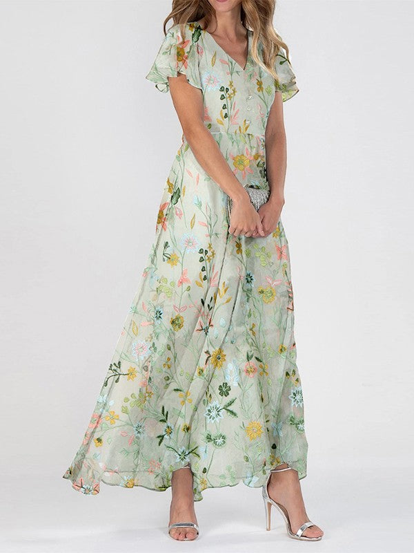 Leah | Langes Kleid mit Blumenmuster und V-Ausschnitt  