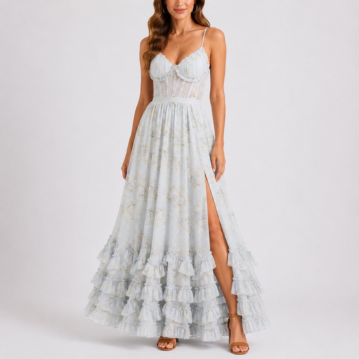 Magdalena | Vestido maxi floral para mujer con corsé y volantes