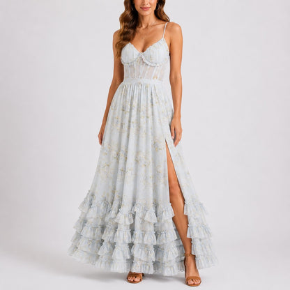 Magdalena | Vestido maxi floral para mujer con corsé y volantes