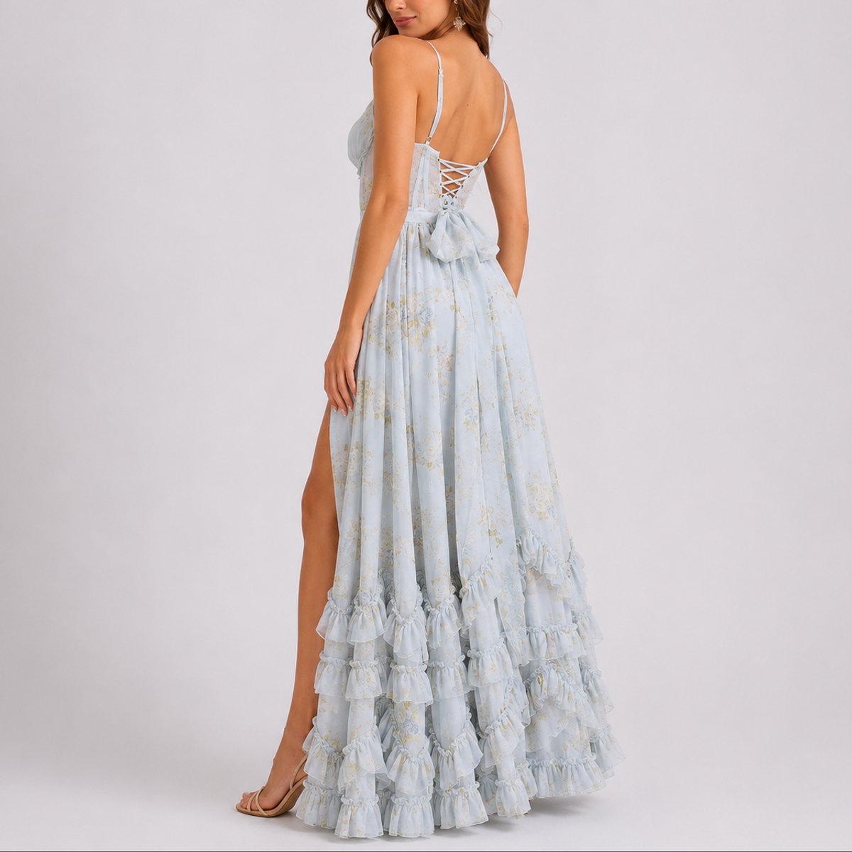 Magdalena | Vestido maxi floral para mujer con corsé y volantes
