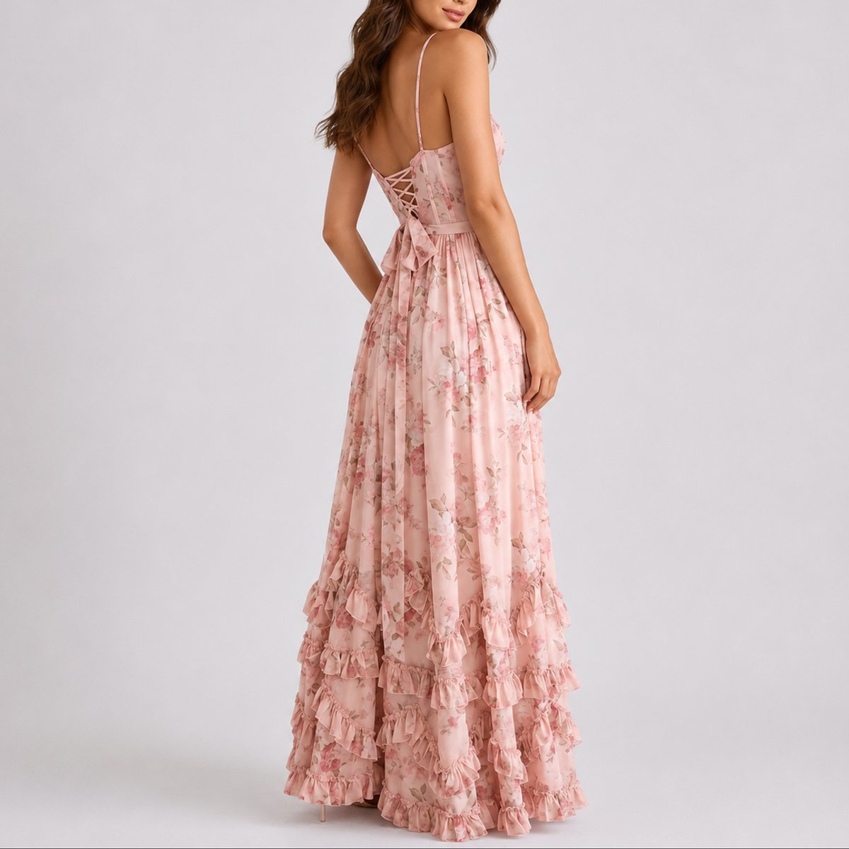 Magdalena | Vestido maxi floral para mujer con corsé y volantes