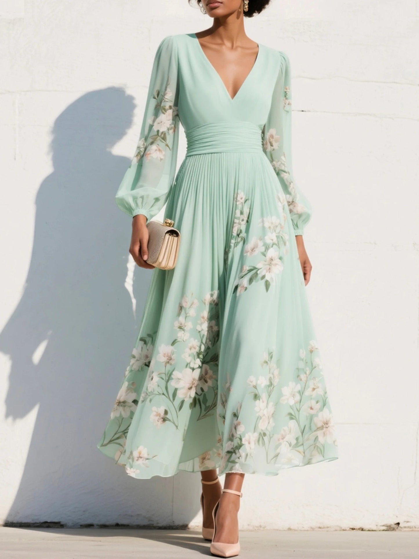 Aranza | Midikleid für Damen mit Blumenmuster und V-Ausschnitt