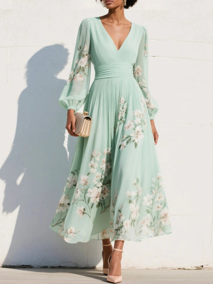 Aranza | Midikleid für Damen mit Blumenmuster und V-Ausschnitt