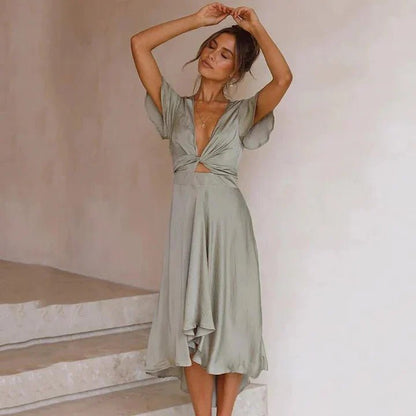 Priscila | Robe midi pour femme avec décolleté en V profond