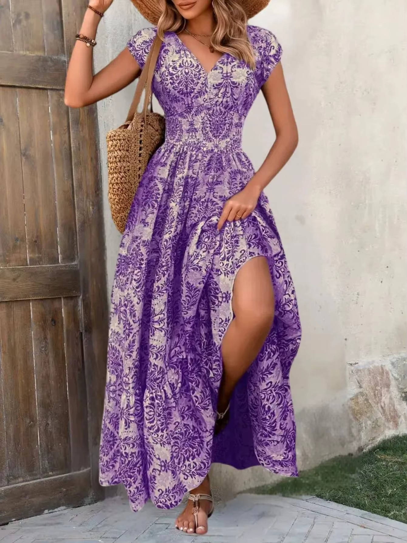 Cristina | Vestido maxi boho para mujer con estampado y fruncido